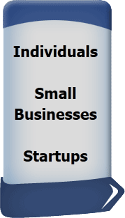rectangular blue and grey image with the words individuals, small businesses and startups in the middle