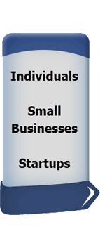rectangular blue and grey image with the words individuals, small businesses and startups in the middle